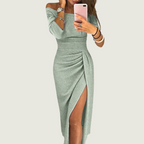 Julia™ | Elegantes Off-Shoulder-Abendkleid mit Glitzeroptik und Seitenschlitz