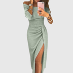 Julia™ | Elegantes Off-Shoulder-Abendkleid mit Glitzeroptik und Seitenschlitz