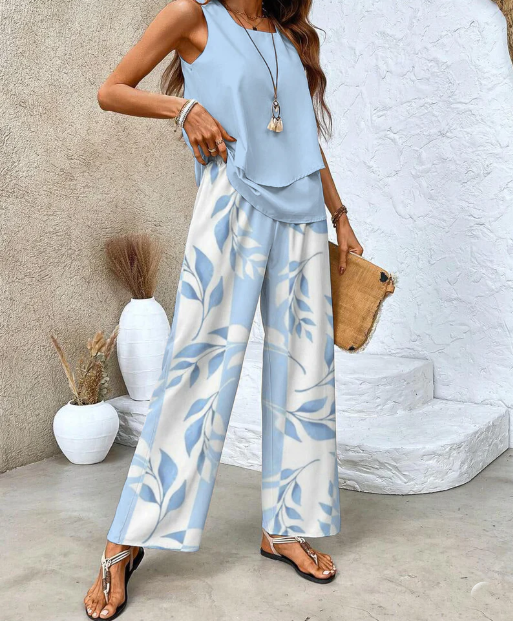 Malena | Leichtes Sommer-Set mit doppellagigem Top und gemusterter Weitbeinhose