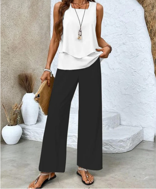 Malena | Leichtes Sommer-Set mit doppellagigem Top und gemusterter Weitbeinhose