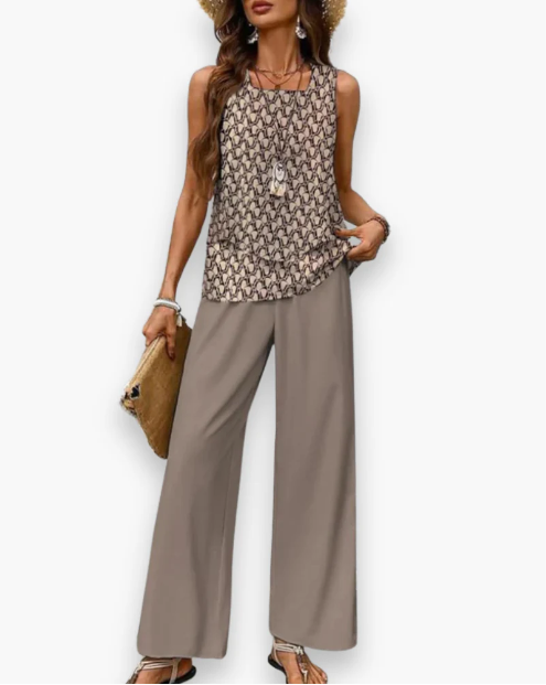 Malena | Leichtes Sommer-Set mit doppellagigem Top und gemusterter Weitbeinhose