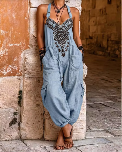 Solveig | Lässiger Boho-Jumpsuit mit besticktem Oberteil