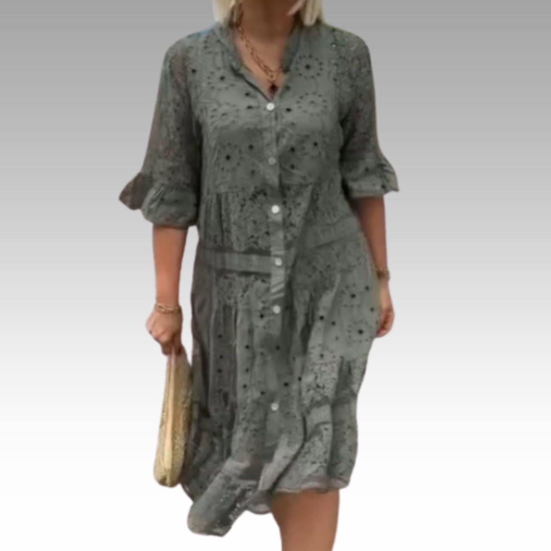 Emberly™ | Locker sitzendes Kleid mit Stickerei und Knopfleiste