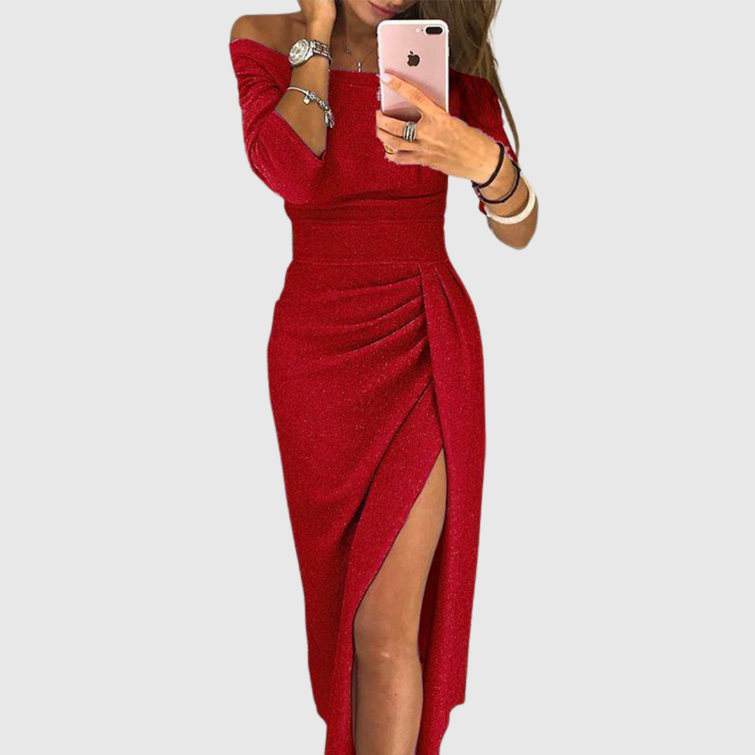 Julia™ | Elegantes Off-Shoulder-Abendkleid mit Glitzeroptik und Seitenschlitz