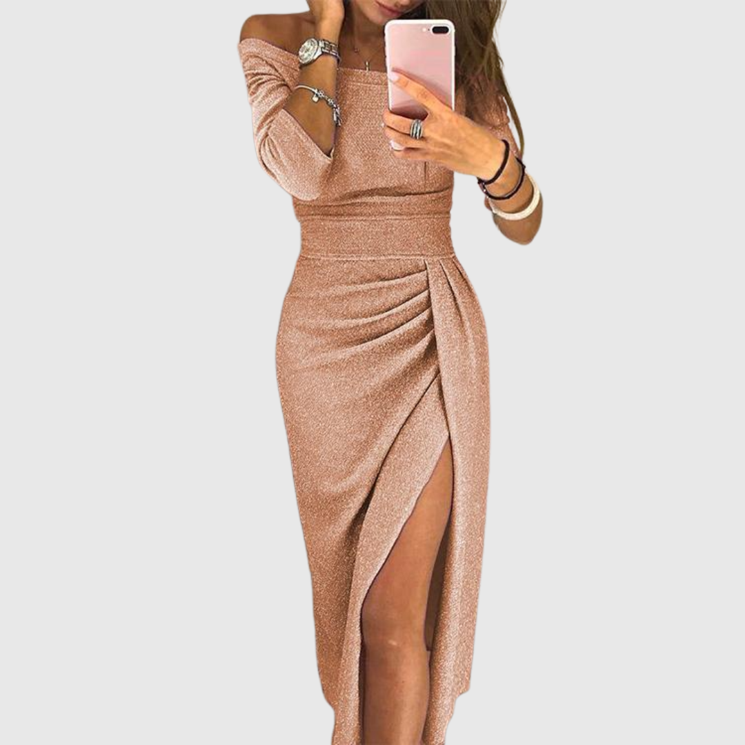 Julia™ | Elegantes Off-Shoulder-Abendkleid mit Glitzeroptik und Seitenschlitz