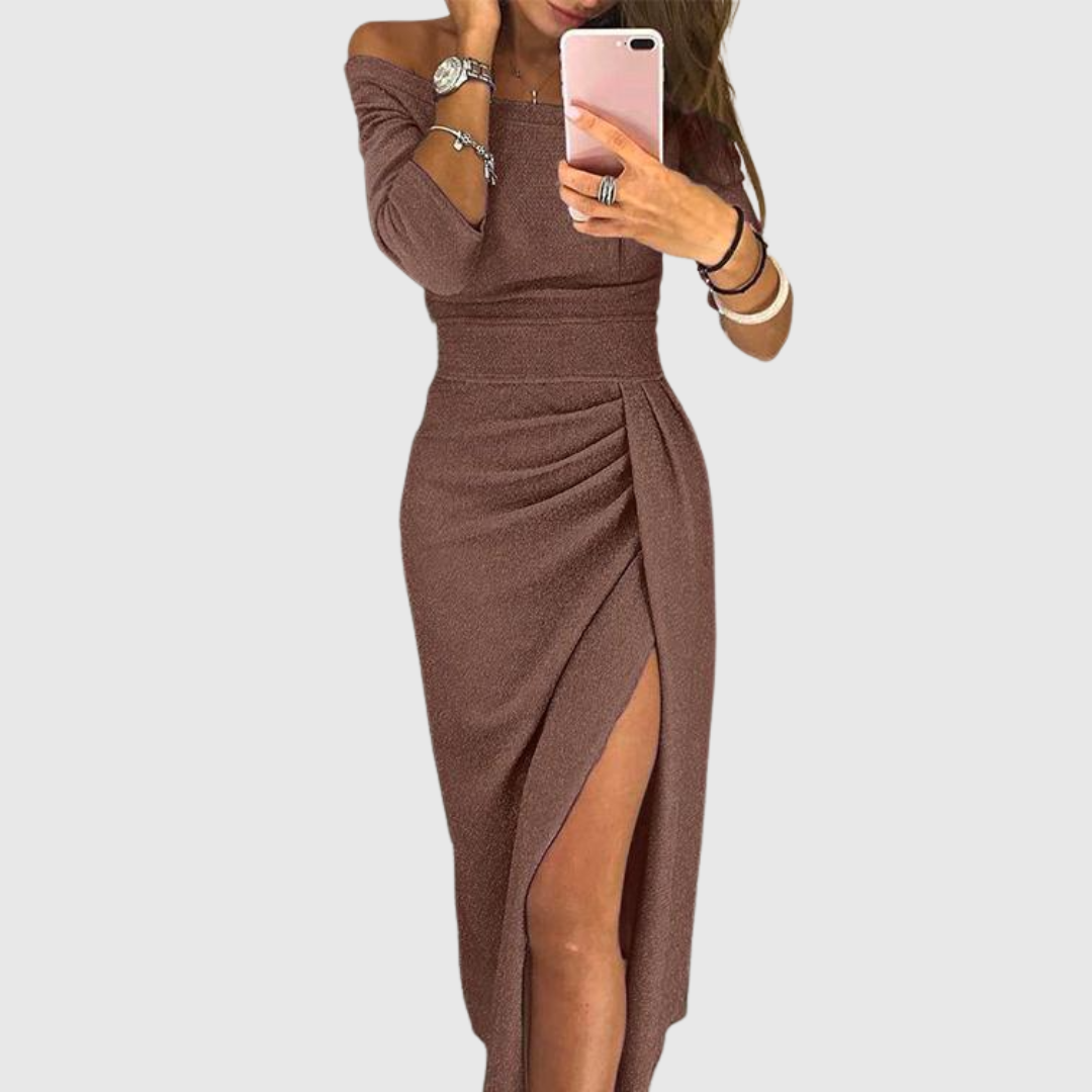 Julia™ | Elegantes Off-Shoulder-Abendkleid mit Glitzeroptik und Seitenschlitz
