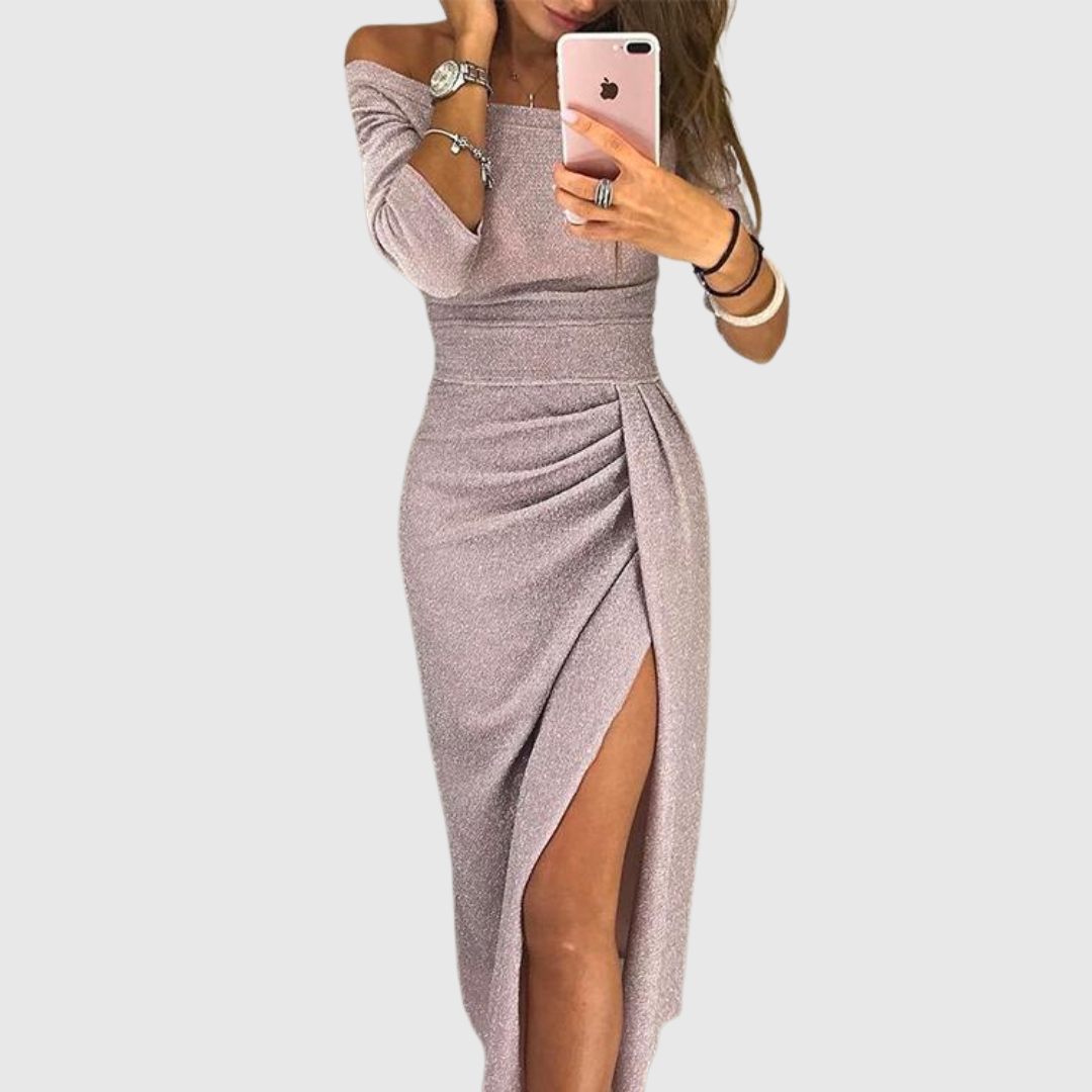 Julia™ | Elegantes Off-Shoulder-Abendkleid mit Glitzeroptik und Seitenschlitz