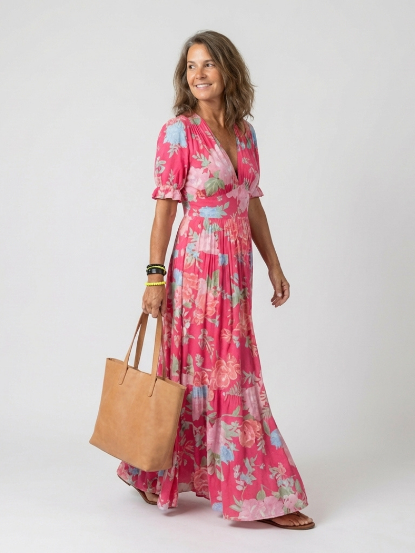 Marlene | Fließendes Maxikleid mit Blumenprint und tiefem V-Ausschnitt
