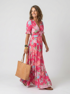 Marlene | Fließendes Maxikleid mit Blumenprint und tiefem V-Ausschnitt