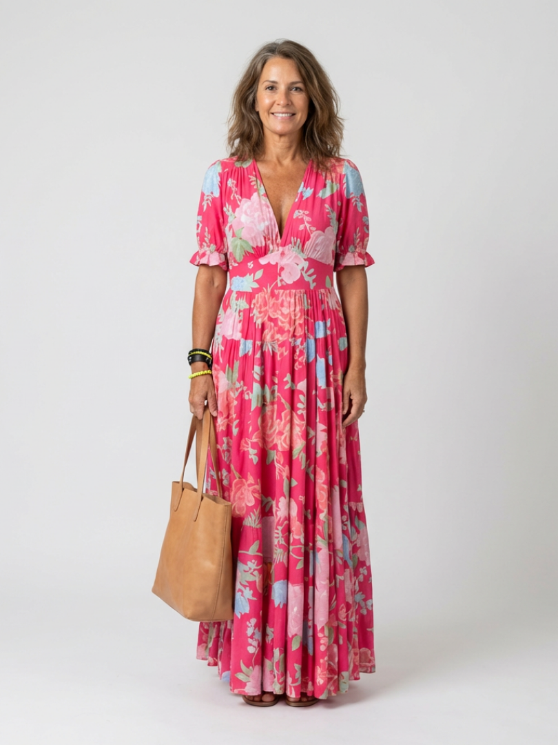 Marlene | Fließendes Maxikleid mit Blumenprint und tiefem V-Ausschnitt