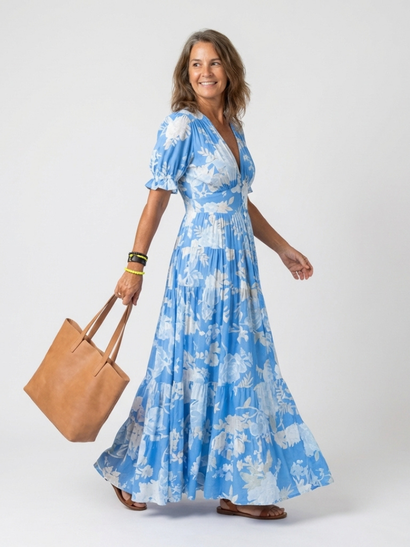 Marlene | Fließendes Maxikleid mit Blumenprint und tiefem V-Ausschnitt