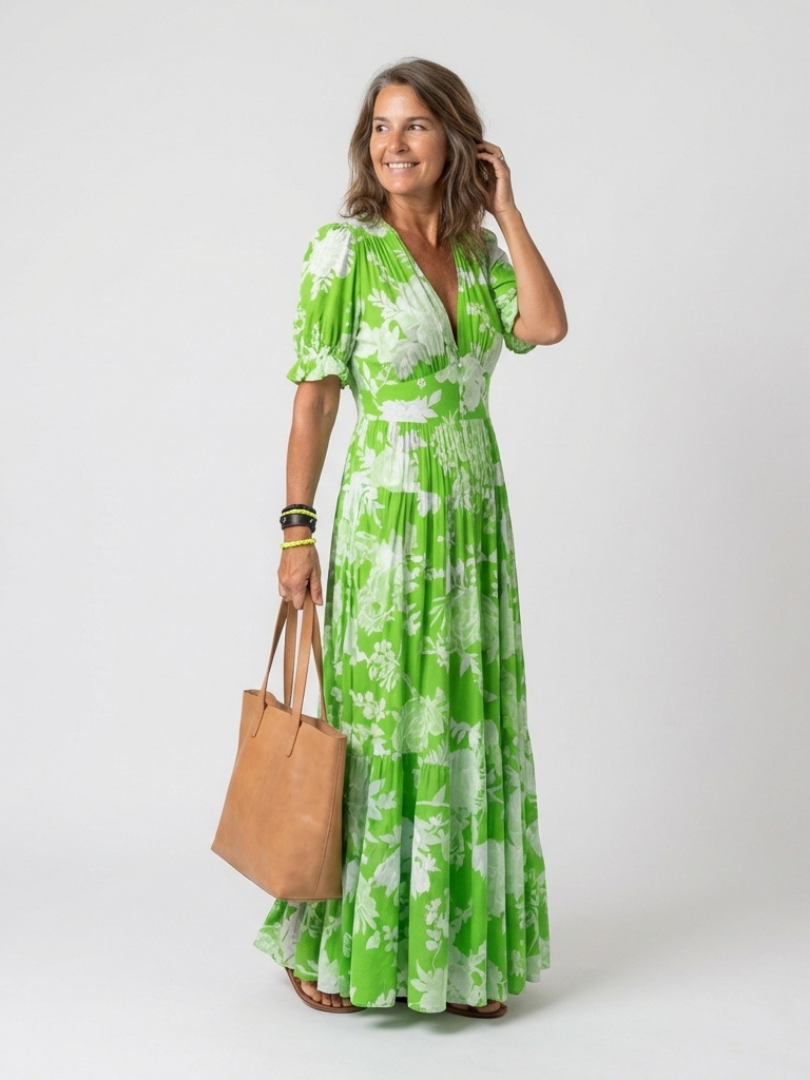 Marlene | Fließendes Maxikleid mit Blumenprint und tiefem V-Ausschnitt