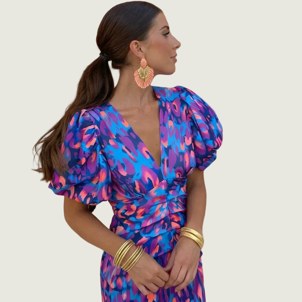 Fenja | Farbenfrohes Kleid mit plissierten Ärmeln