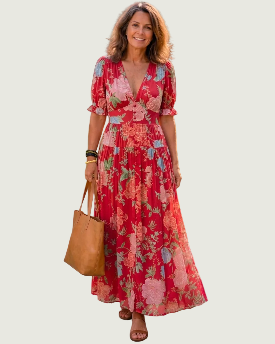 Marlene | Fließendes Maxikleid mit Blumenprint und tiefem V-Ausschnitt