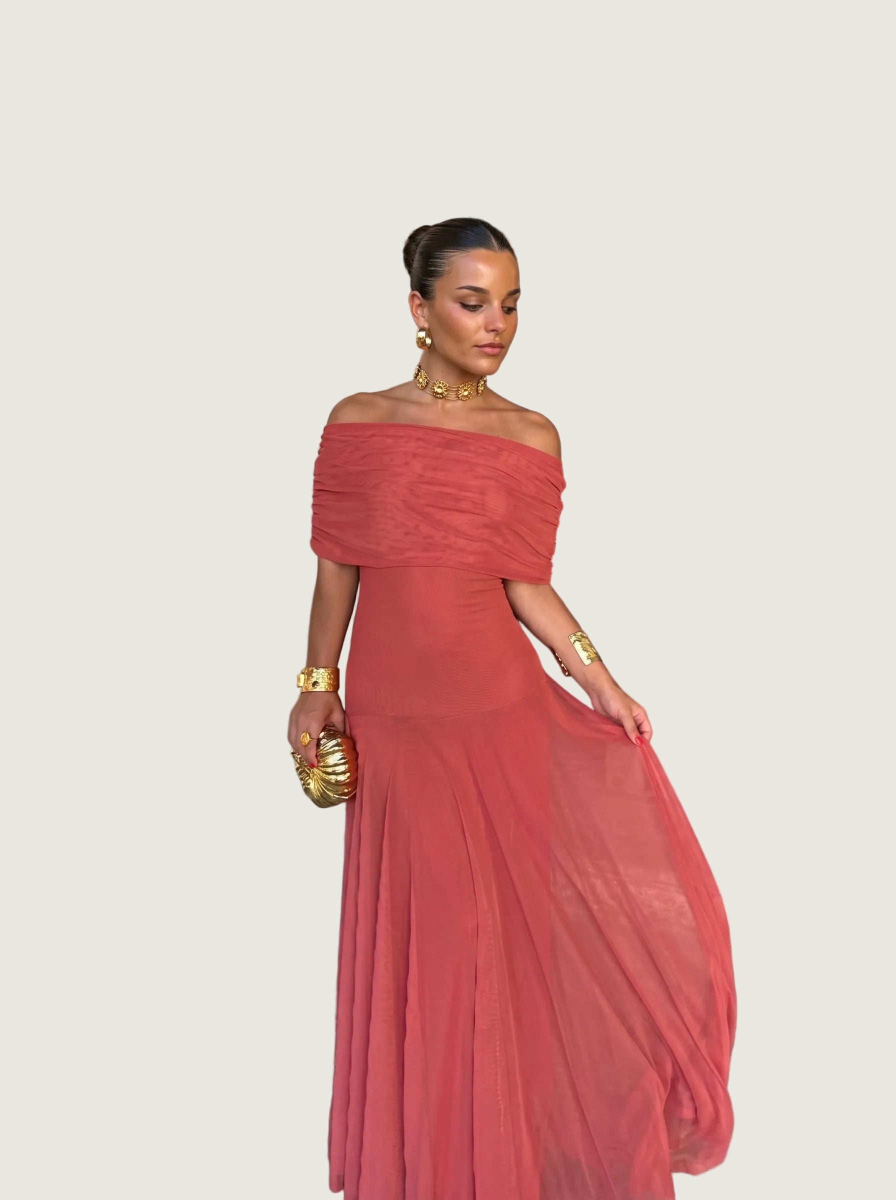 Elena | Elegantes schulterfreies Maxikleid mit feinen Raffungen