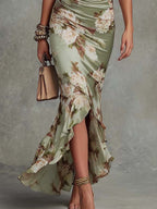 Eleonore | Florales Maxikleid aus Satin mit Volantärmeln und Beinschlitz