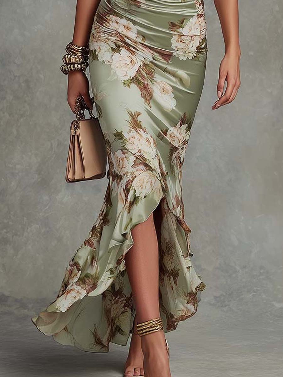Eleonore | Florales Maxikleid aus Satin mit Volantärmeln und Beinschlitz