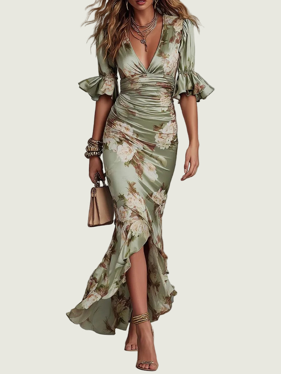 Eleonore | Florales Maxikleid aus Satin mit Volantärmeln und Beinschlitz