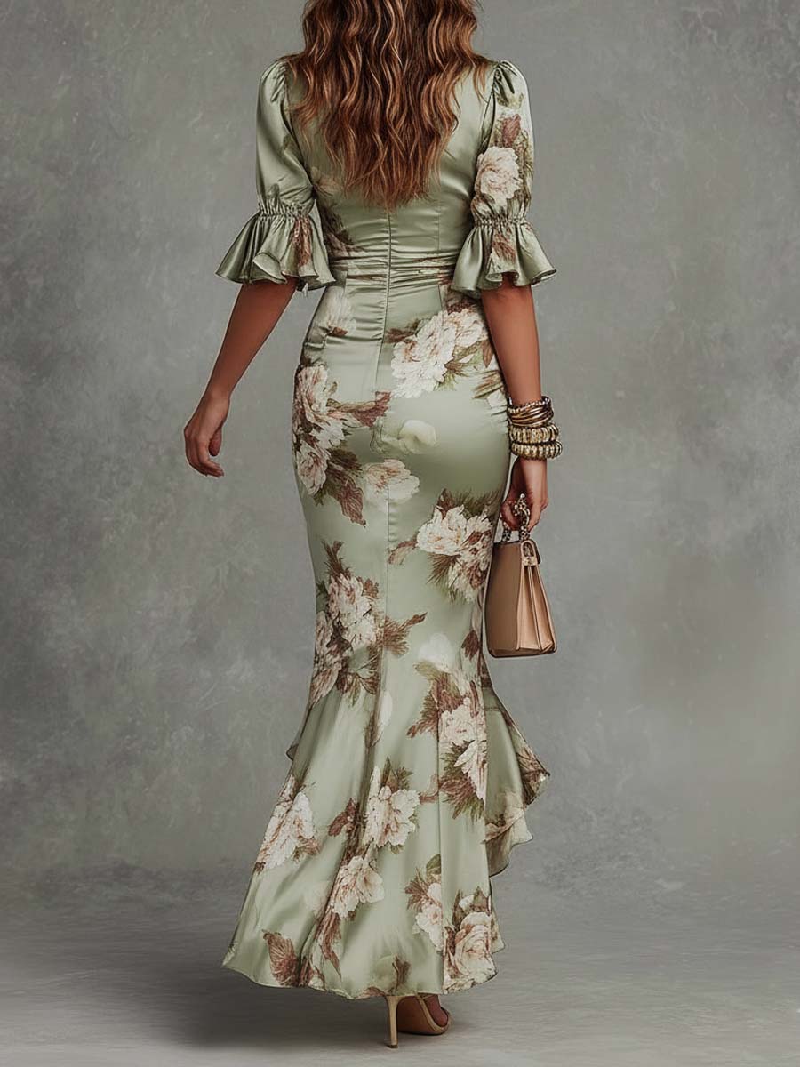 Eleonore | Florales Maxikleid aus Satin mit Volantärmeln und Beinschlitz