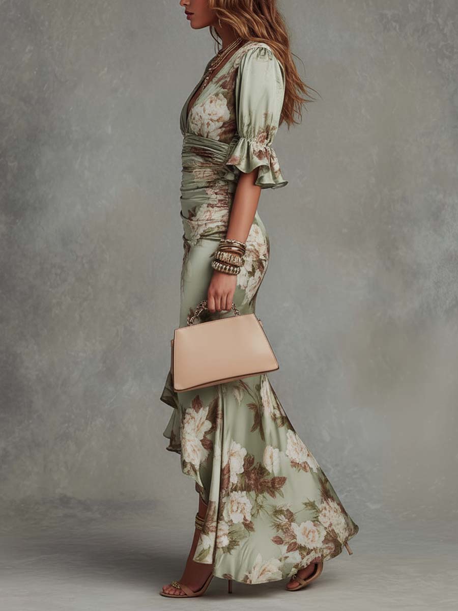 Eleonore | Florales Maxikleid aus Satin mit Volantärmeln und Beinschlitz