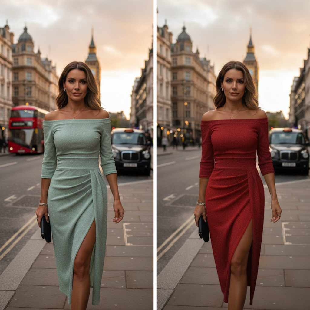 Julia™ | Elegantes Off-Shoulder-Abendkleid mit Glitzeroptik und Seitenschlitz