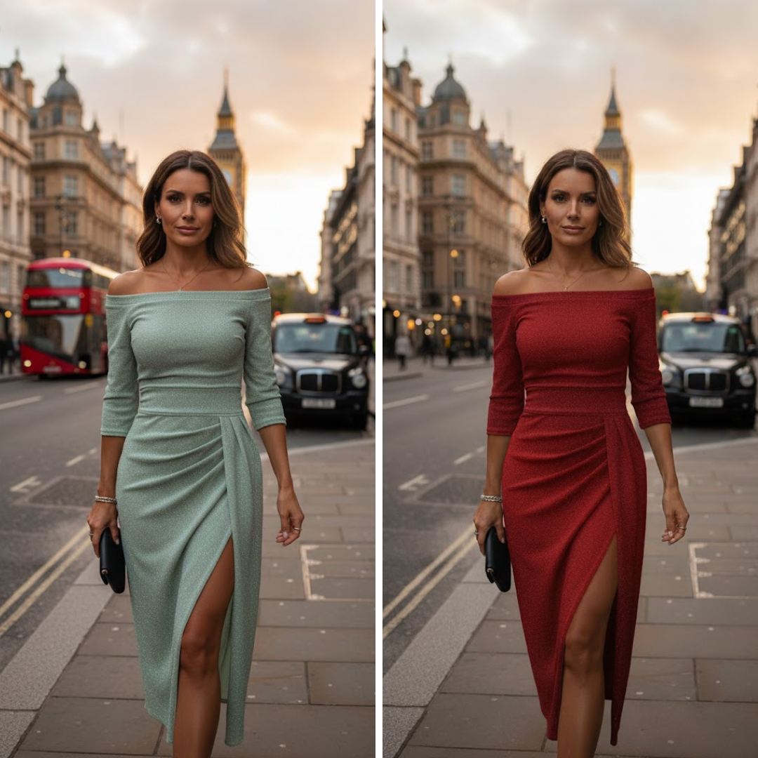 Julia™ | Elegantes Off-Shoulder-Abendkleid mit Glitzeroptik und Seitenschlitz