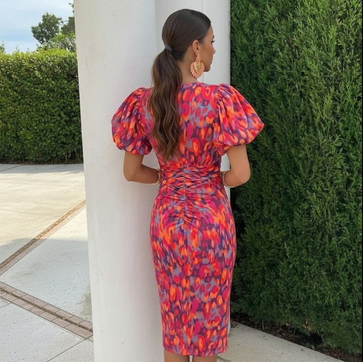 Fenja | Farbenfrohes Kleid mit plissierten Ärmeln