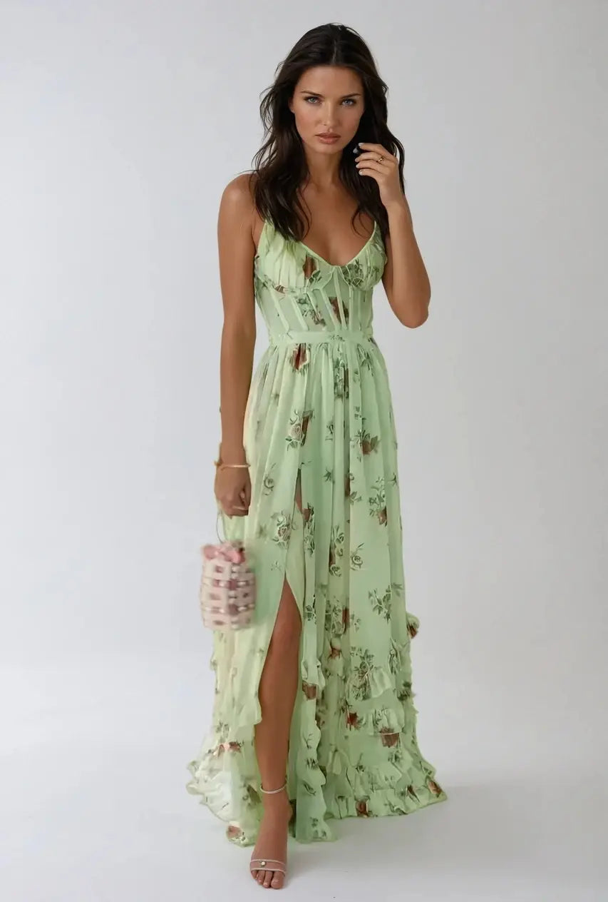 Josephine | Verträumtes Maxikleid mit Korsagen-Oberteil und Volant-Saum